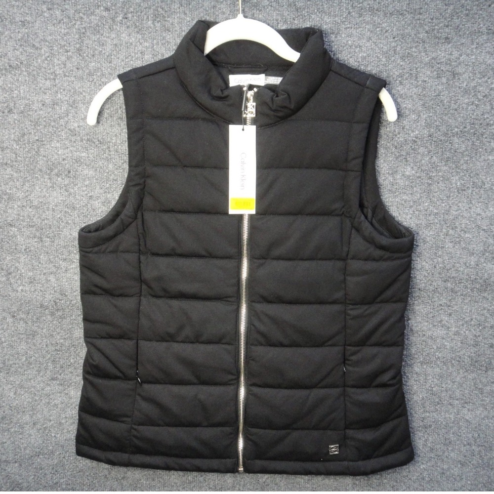Calvin Klein Women's Black Quilted Puffer Vest Full Zip Stand Collar Size M NWT